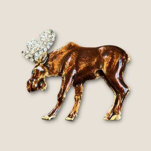 Gold-Tone & Brown Moose Brooch Pin With Rhinestone Antlers 2"x1.5" Elegant Anima